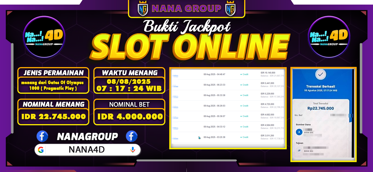 Bukti Kemenangan Besar Dibayar lunas Member NANA4D RP 22.745.000, 8 Agustus 2025