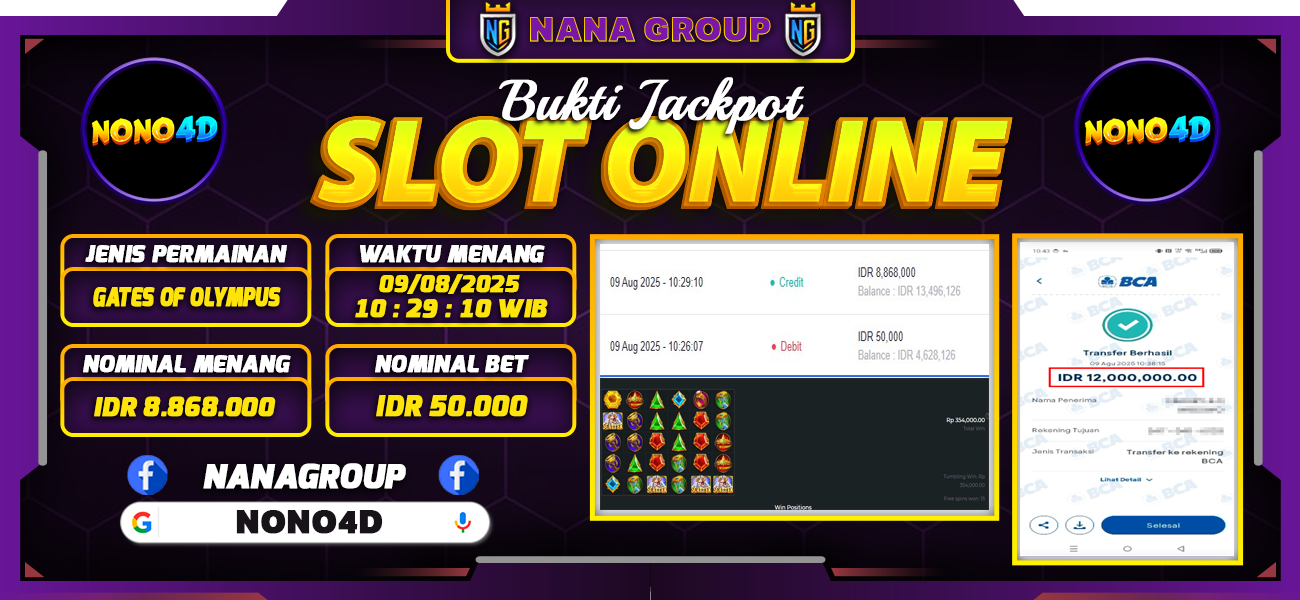 Bukti Kemenangan Besar Dibayar lunas Member NONO4D RP 12.000.000, 9 Agustus 2025